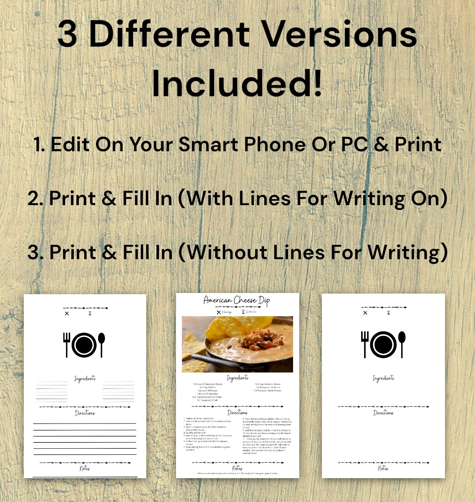 "Beautiful recipe card design to insert food photos and detailed cooking instructions."