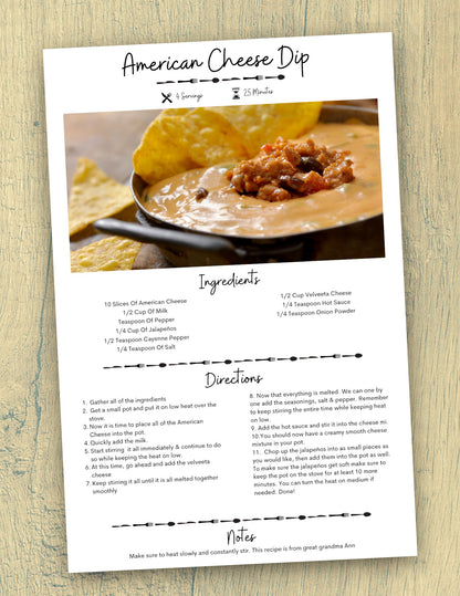 "Customizable culinary recipe card template with options for digital and manual entries."