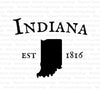 'Indiana silhouette with Established 1816 date' digital design for state pride projects.