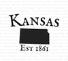 Kansas state silhouette with 1861 establishment date for proud Kansans.