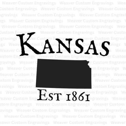 Kansas state silhouette with 1861 establishment date for proud Kansans.