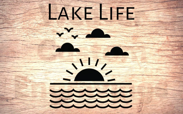 Peaceful lakeside silhouette digital artwork for custom clothing and accessories