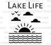 Serene Lake Life digital design with sunset and beach waves silhouette