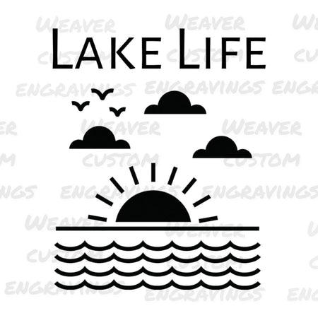 Serene Lake Life digital design with sunset and beach waves silhouette