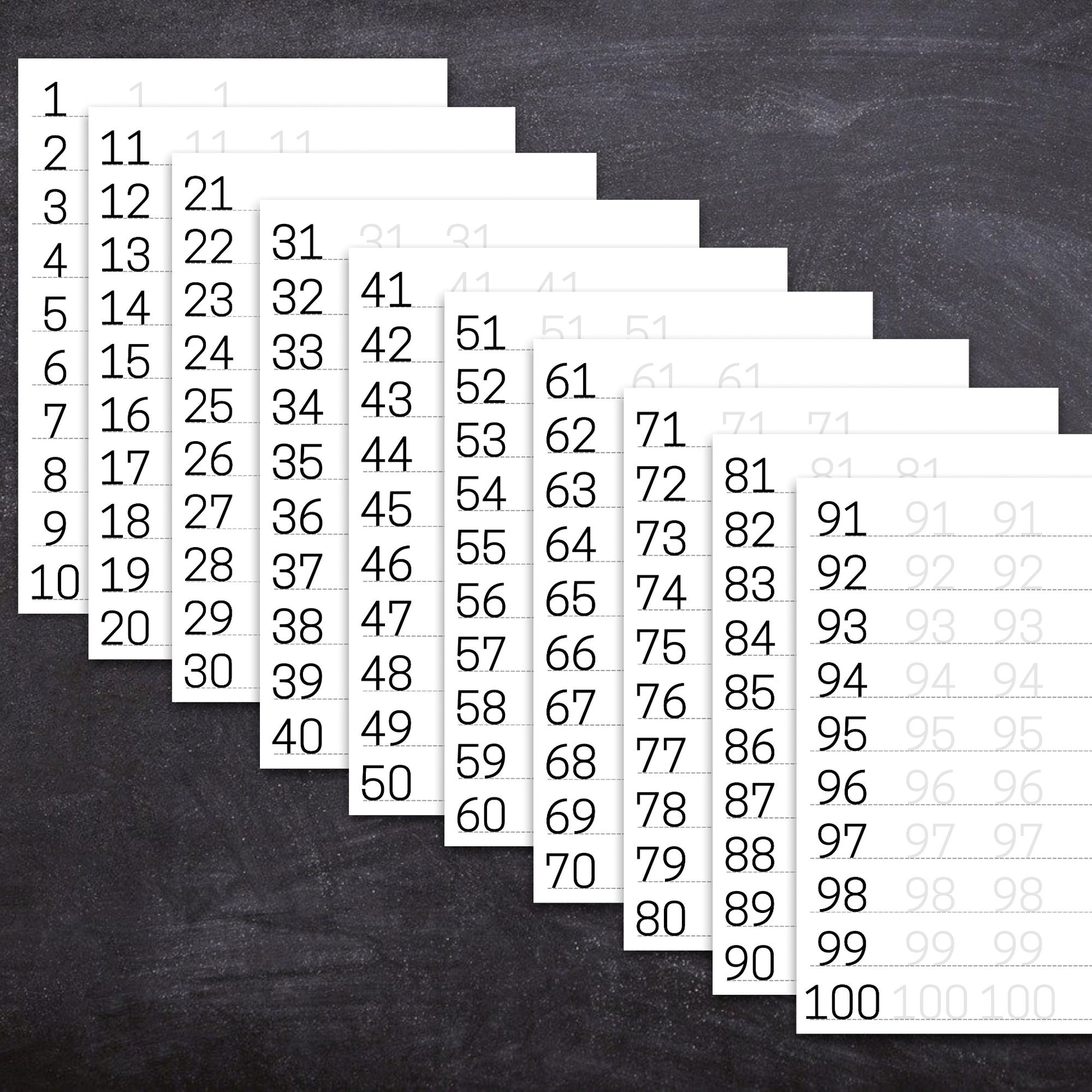 "Learn Numbers 1 to 100" printable practice sheets for kids and beginners.