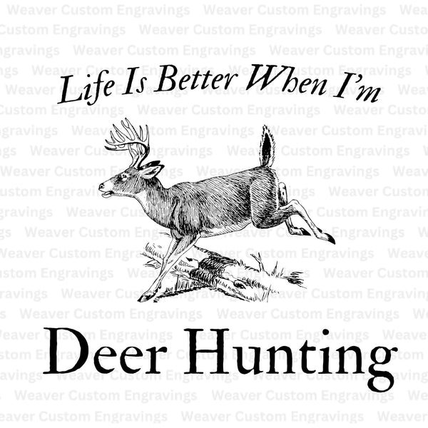 Deer hunting graphic with running buck and forest backdrop in SVG/PNG/PDF.