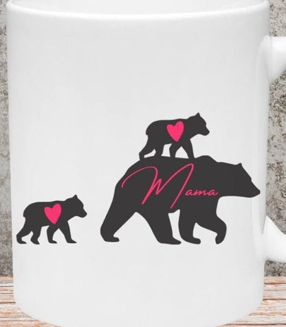 "Protective Mama Bear silhouette with red hearts, digital download."