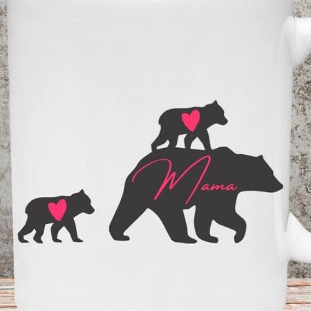 "Protective Mama Bear silhouette with red hearts, digital download."