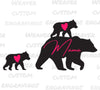 "Mama Bear with cubs silhouette digital art, hearts and cursive 'Mama'."