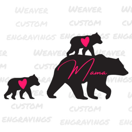 "Mama Bear with cubs silhouette digital art, hearts and cursive 'Mama'."