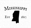 "Mississippi state outline with 1817 established date SVG and PNG."