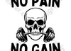 "No Pain, No Gain" fitness motivation graphic with skull and weight bar