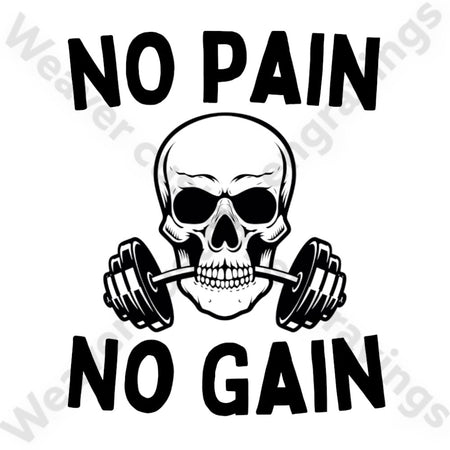 "No Pain, No Gain" fitness motivation graphic with skull and weight bar