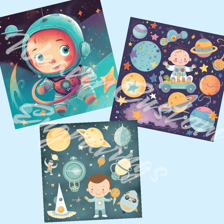 "Digital download space-themed nursery art with cute aliens and stars."