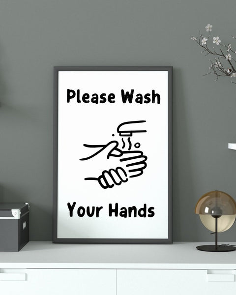 "PDF of wash hands sign suitable for public spaces."