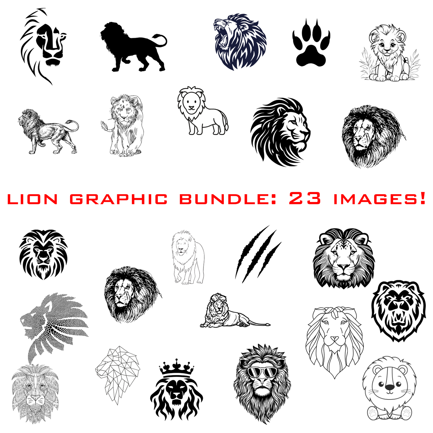 Lion face close-up digital design in black and white silhouette 23 pack bundle