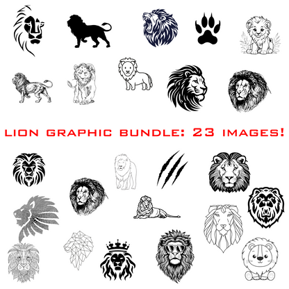 Lion face close-up digital design in black and white silhouette 23 pack bundle