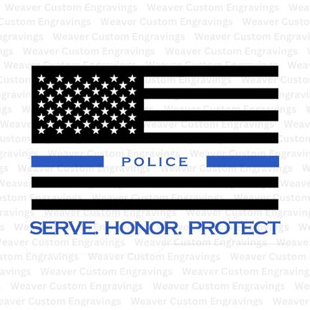 "SVG of Police Thin Blue Line flag with Serve, Honor, Protect motto."