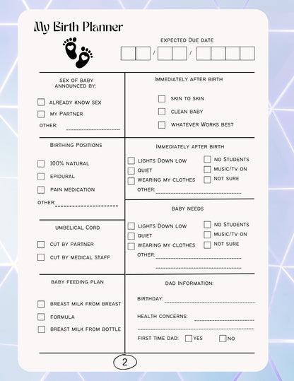 "Editable birthing plan template available in PDF and via Canva."