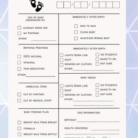 "Editable birthing plan template available in PDF and via Canva."