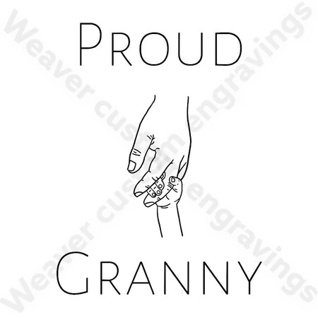 "Proud Granny graphic design showing grandmother and child holding hands."