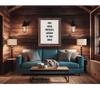 "Cozy Cabin Interior with Blank Wooden Frame Mockup PNG, JPEG, PDF"