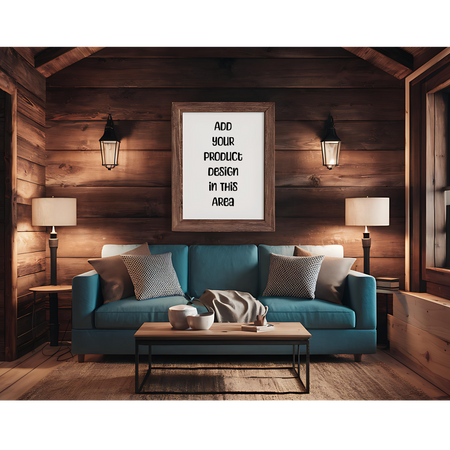 "Cozy Cabin Interior with Blank Wooden Frame Mockup PNG, JPEG, PDF"