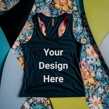 Black Tank Top on Colorful Floral Fabric Mockup png jpeg