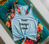  Light Blue Knotted Tank Top on Floral Fabric Mockup