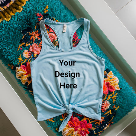  Light Blue Knotted Tank Top on Floral Fabric Mockup