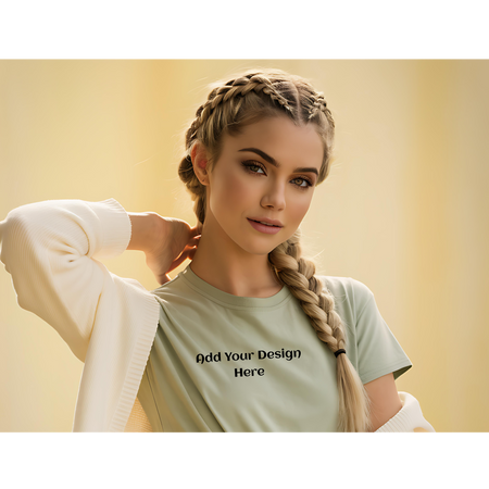 "hot Braided Blonde Woman in Light Green T-Shirt Mockup PNG, JPEG, PDF"