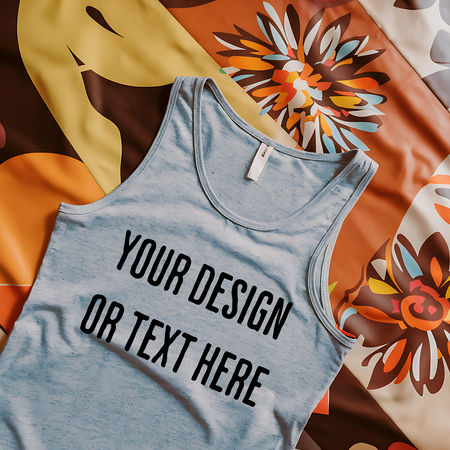 "Realistic mockup of a light gray tank top on a bright floral fabric background."