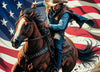"Dynamic Cowboy Riding Horse with American Flag Background PNG, JPEG"