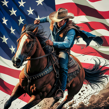 "Dynamic Cowboy Riding Horse with American Flag Background PNG, JPEG"