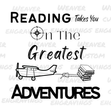 "Vintage airplane and books graphic 'Reading Takes You on the Greatest Adventures' in PNG, PDF, SVG."