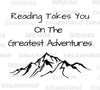 "Digital art of a mountain range and open book 'Reading Takes You on the Greatest Adventures.'"