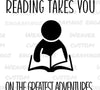 "Open book graphic with 'Reading Takes You on the Greatest Adventures' theme in PNG format."