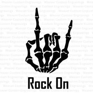 "Skeleton hand displaying rock on gesture in bold graphic design."