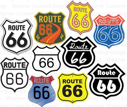 "Route 66 digital clipart collection featuring 10 unique designs in PNG, SVG, PDF formats."