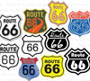 "Route 66 digital clipart collection featuring 10 unique designs in PNG, SVG, PDF formats."