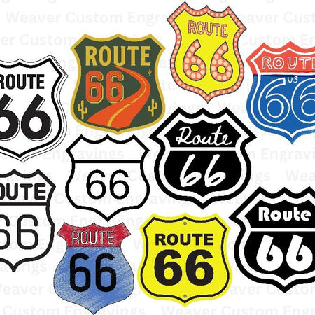 "Route 66 digital clipart collection featuring 10 unique designs in PNG, SVG, PDF formats."