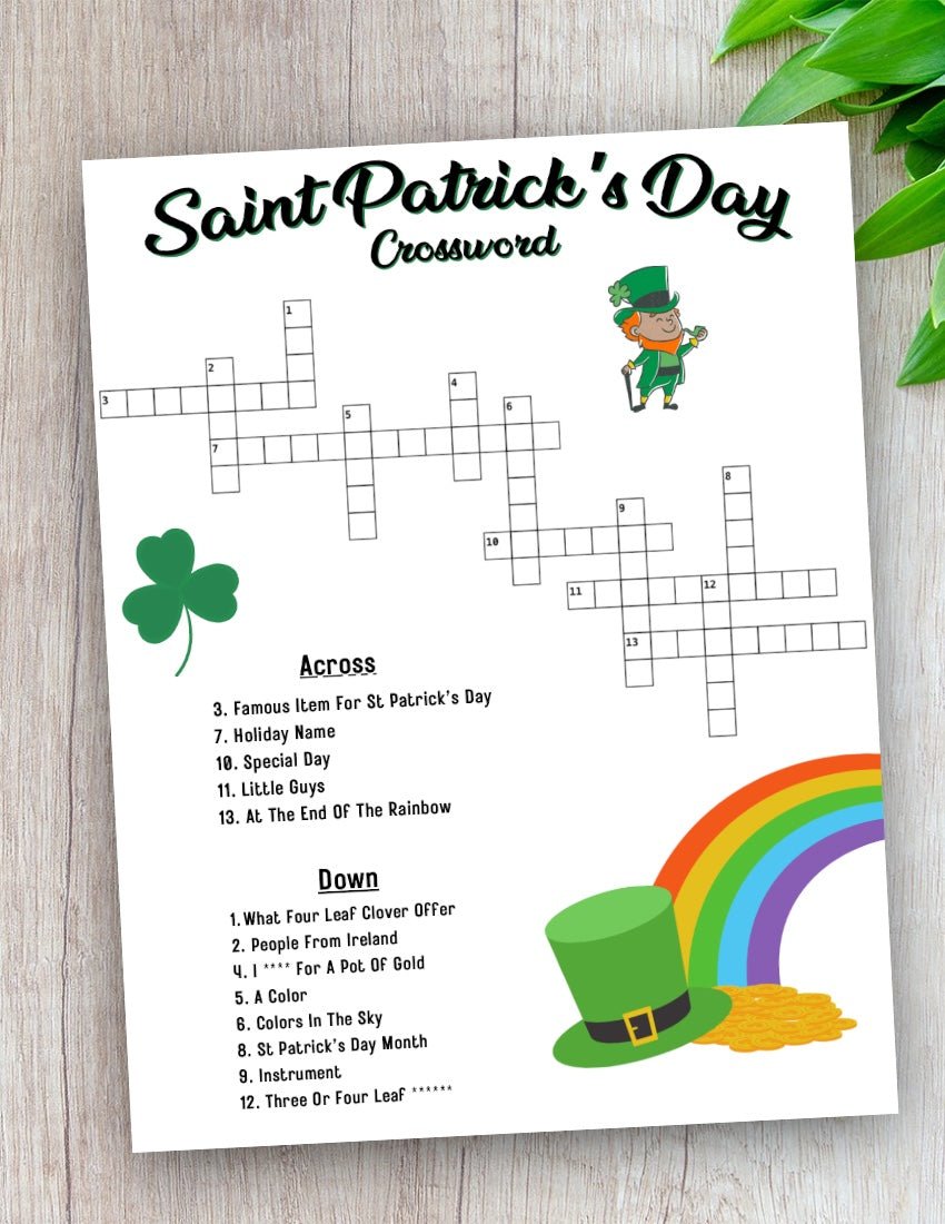 "Downloadable Saint Patrick's Day crossword puzzle in PDF format."