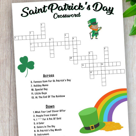 "Downloadable Saint Patrick's Day crossword puzzle in PDF format."