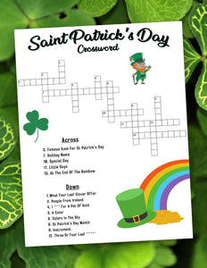 "Printable crossword puzzle for Saint Patrick's Day family and classroom fun."