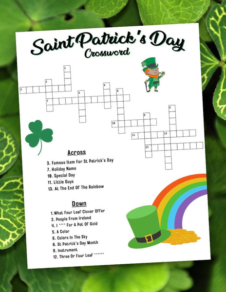 "Printable crossword puzzle for Saint Patrick's Day family and classroom fun."