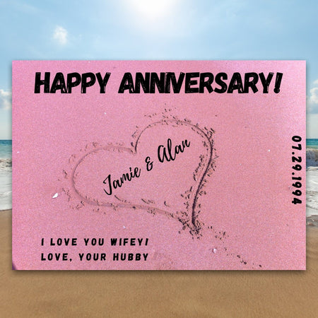"DIY anniversary card with a beautiful beach background, editable in Canva."