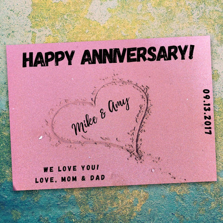 "Customizable sandy beach anniversary card template for personal edits and printing."