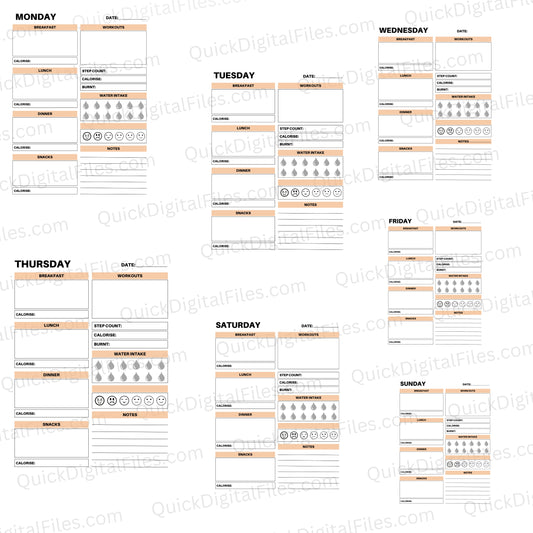 Printable food diary template for tracking meals and exercise
