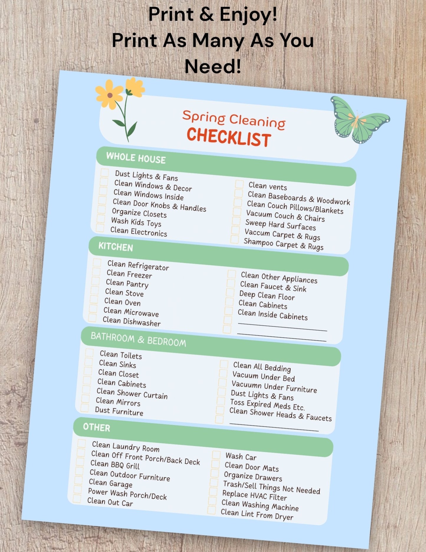 "Printable Spring Cleaning Organizer with Checkboxes"