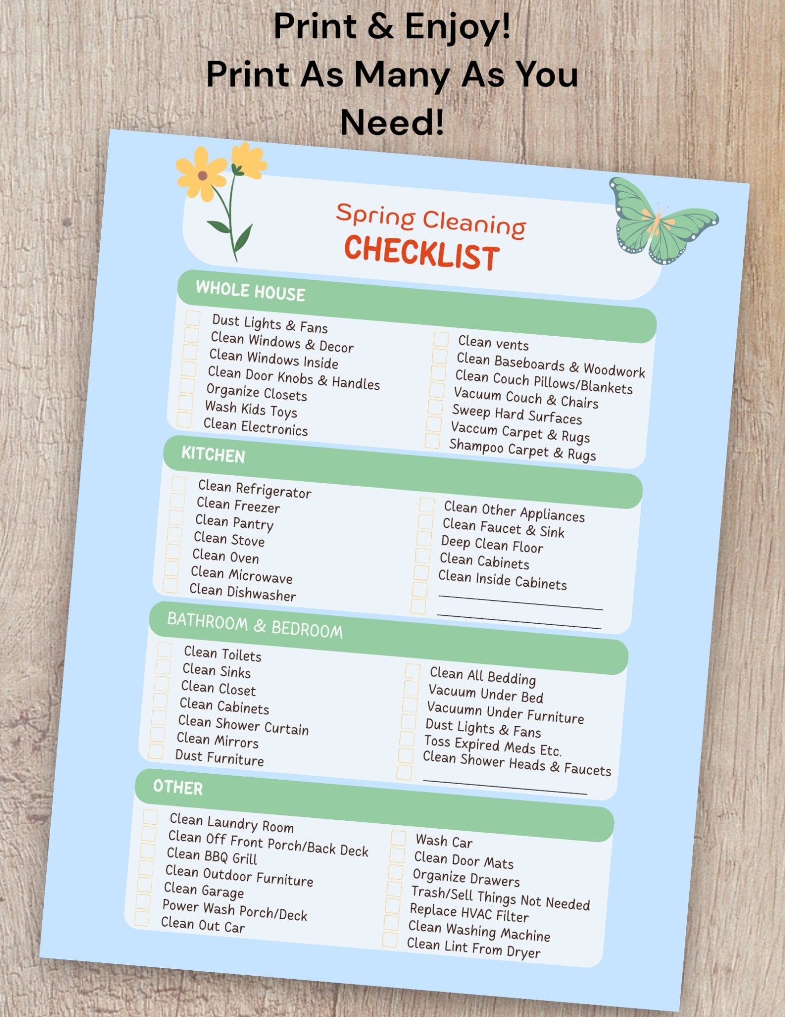 "Printable Spring Cleaning Organizer with Checkboxes"